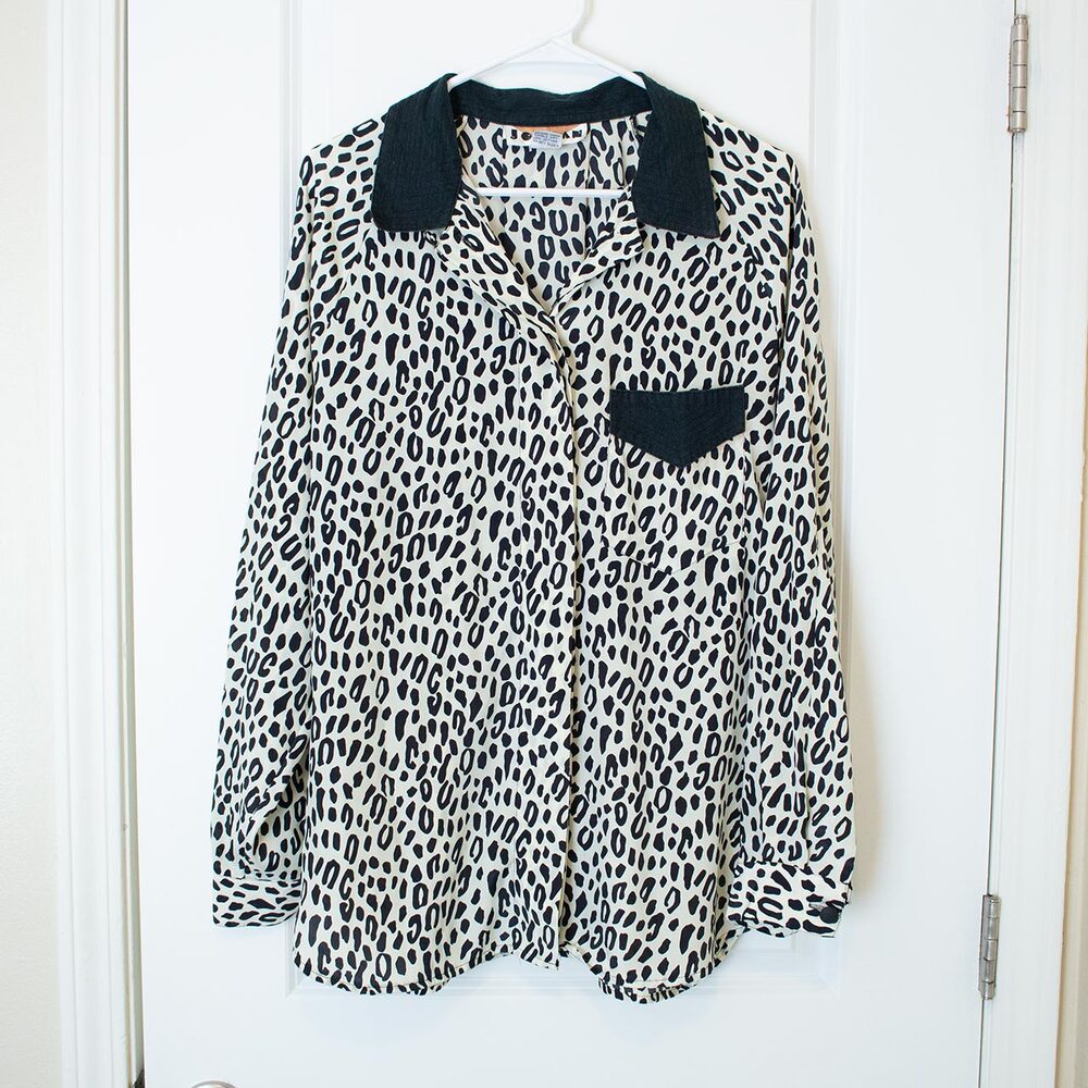 Colorblock Leopard Shirt Denim Collar Retro Black White Button 13/14 Dark Winter